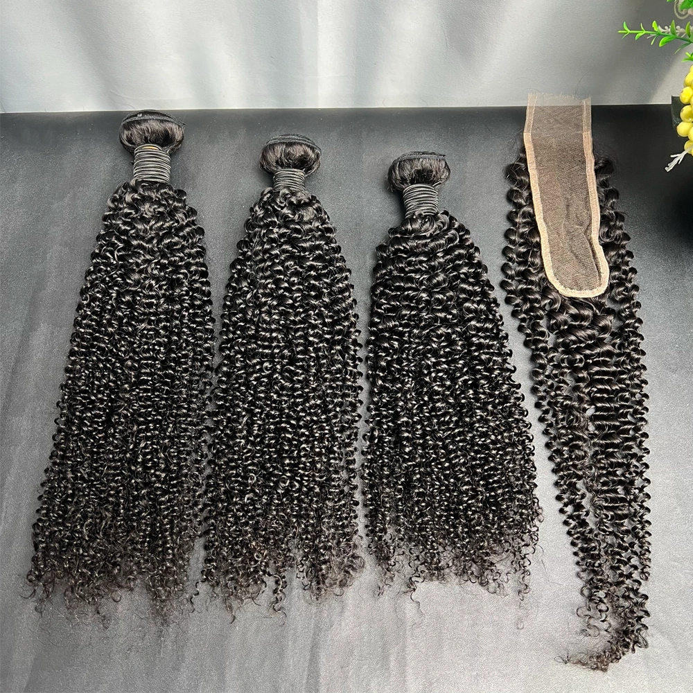 3 Pieces Virgin Hair Bundles With 2x6 Lace Closure Kinky Curly