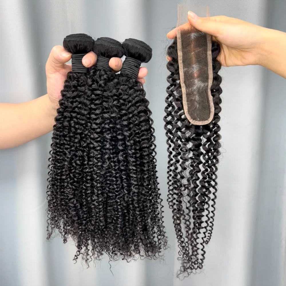 3 Pieces Virgin Hair Bundles With 2x6 Lace Closure Kinky Curly