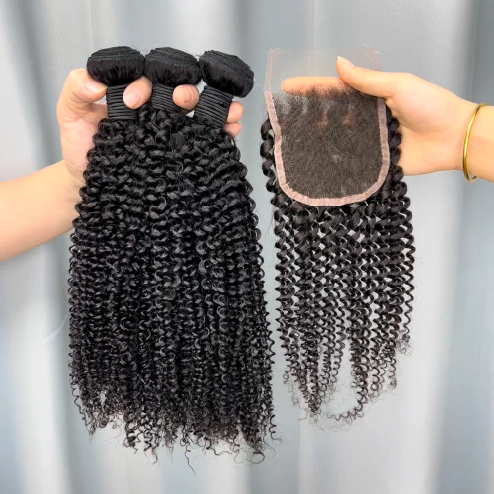 3 Pieces Virgin Hair Bundles With 4x4 Lace Closure Kinky Curly
