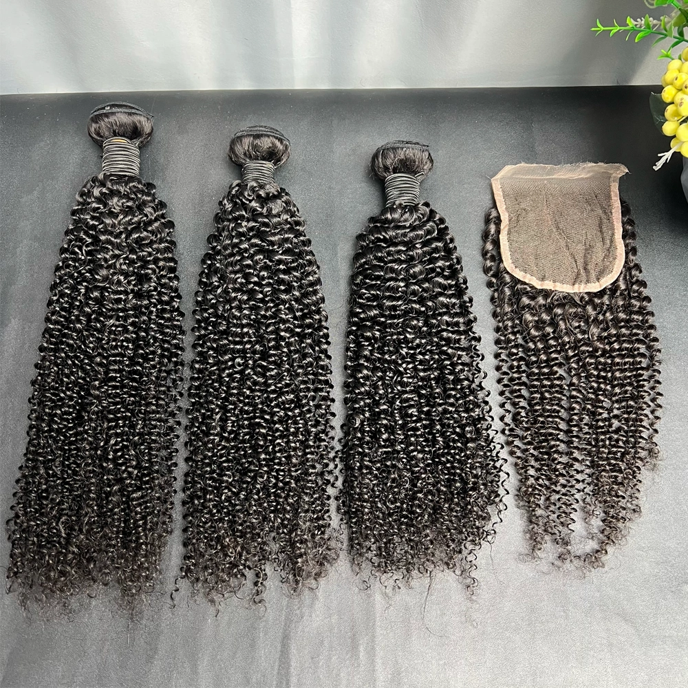 3 Pieces Virgin Hair Bundles With 4x4 Lace Closure Kinky Curly