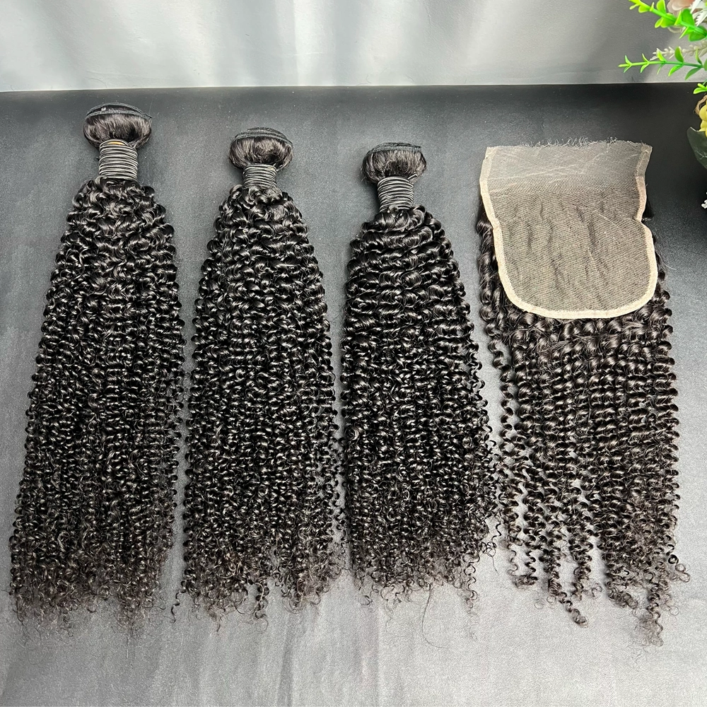 3 Pieces Virgin Hair Bundles With 5x5 Lace Closure Kinky Curly