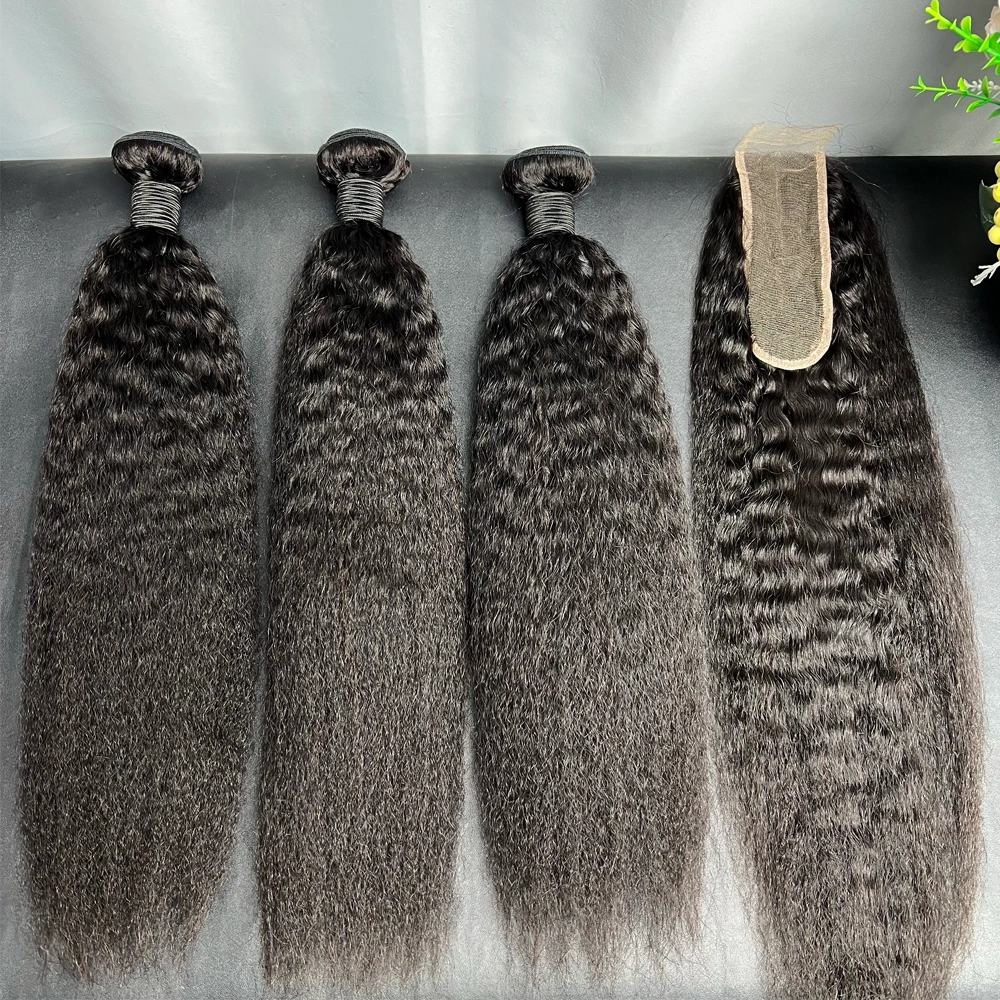 3 Pieces Virgin Hair Bundles With 2x6 Lace Closure Kinky Straight