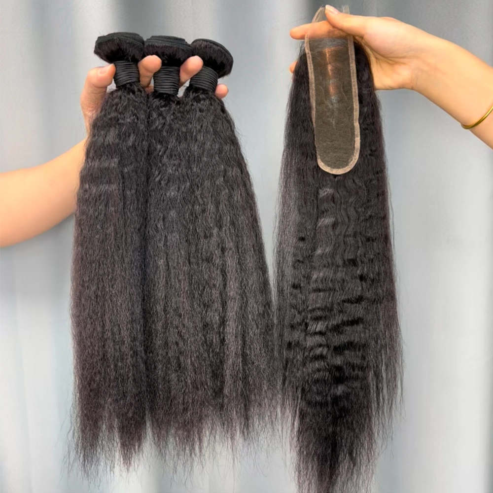 3 Pieces Virgin Hair Bundles With 2x6 Lace Closure Kinky Straight
