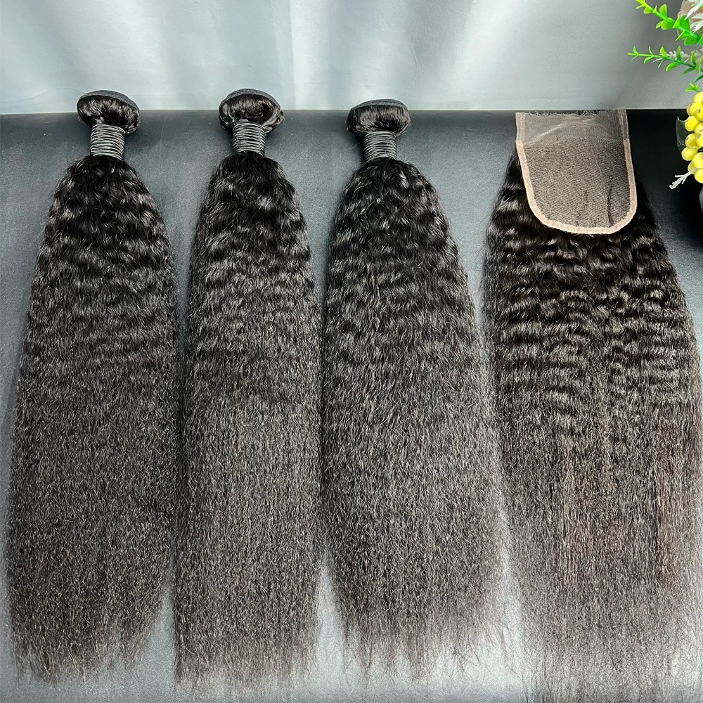 3 Pieces Virgin Hair Bundles With 4x4 Lace Closure Kinky Straight