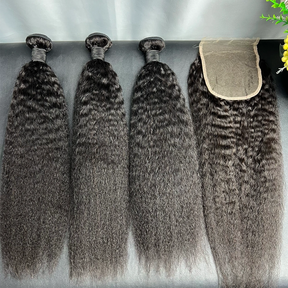 3 Pieces Virgin Hair Bundles With 5x5 Lace Closure Kinky Straight