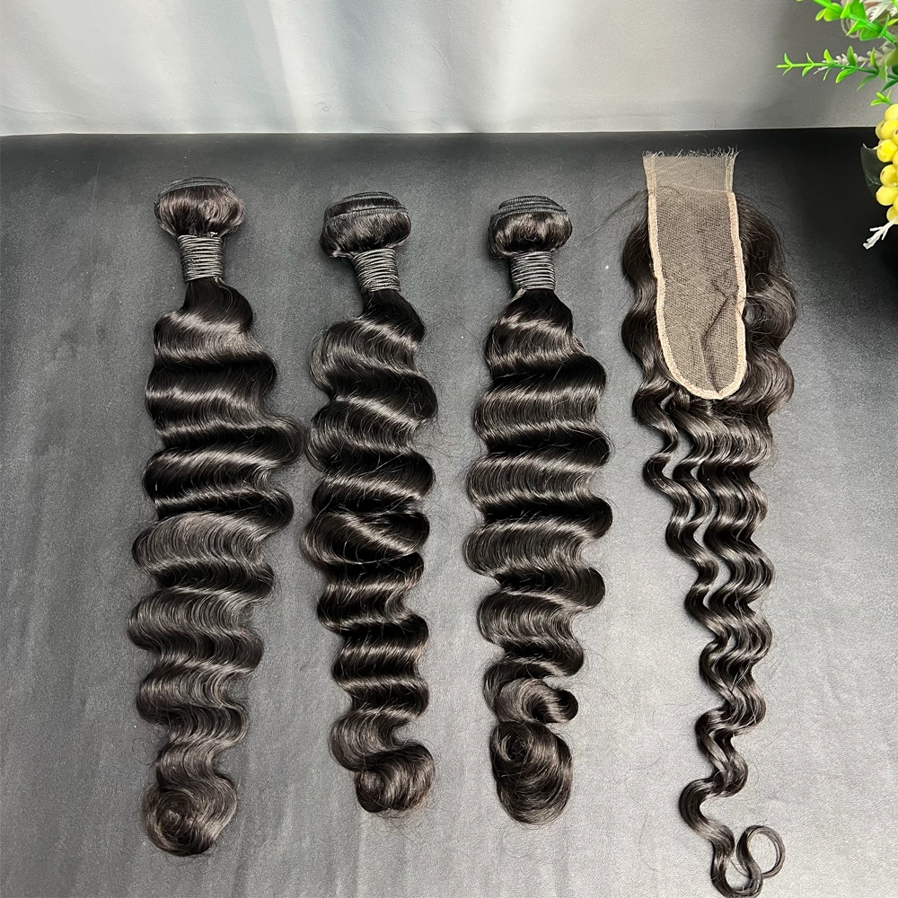 3 Pieces Virgin Hair Bundles With 2x6 Lace Closure Loose Deep Wave