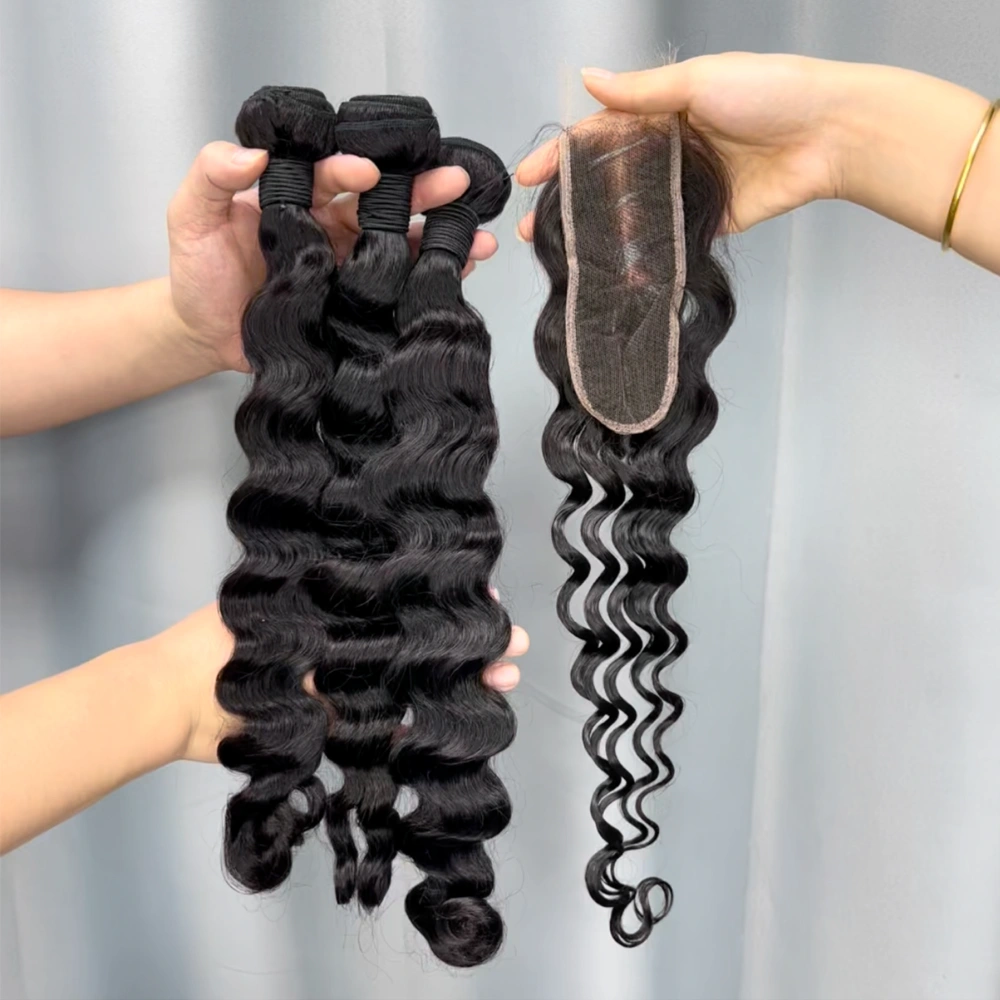 3 Pieces Virgin Hair Bundles With 2x6 Lace Closure Loose Deep Wave