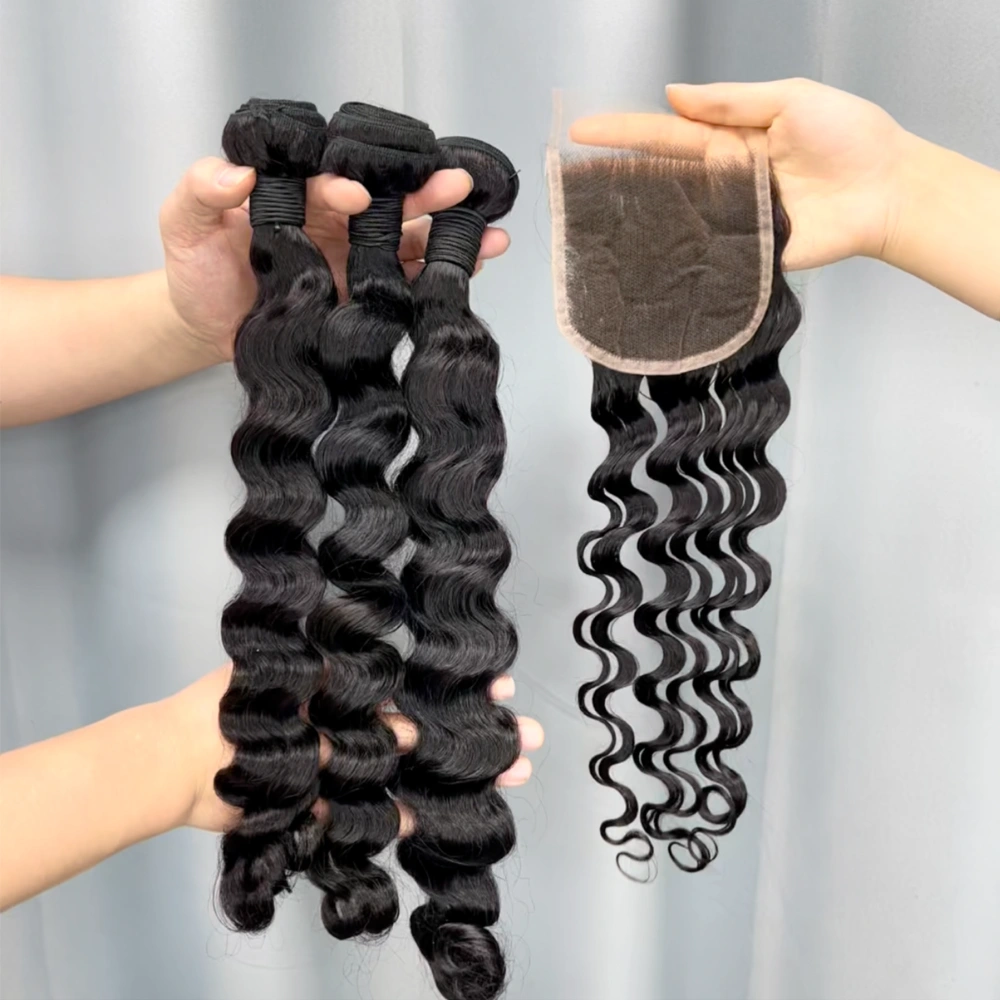 3 Pieces Virgin Hair Bundles With 4x4 Lace Closure Loose Deep Wave