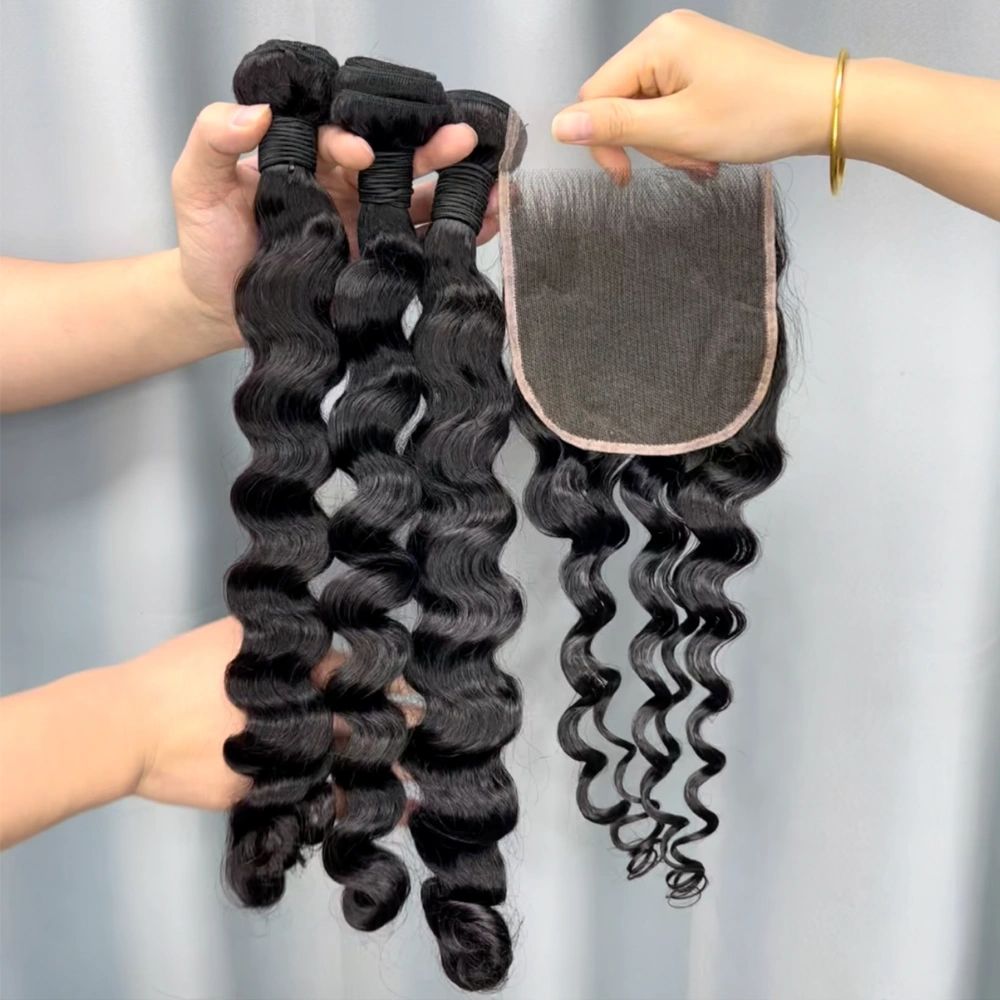 3 Pieces Virgin Hair Bundles With 5x5 Lace Closure Loose Deep Wave