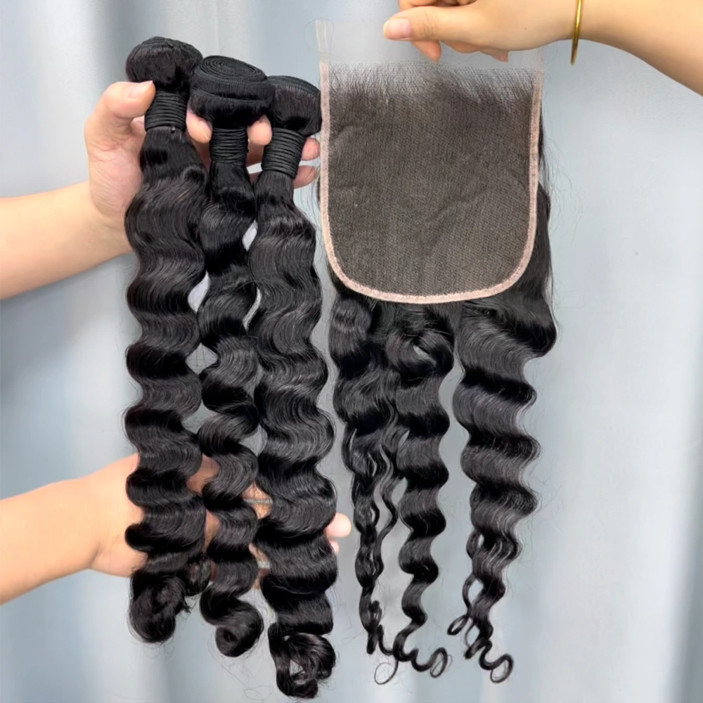 3 Pieces Virgin Hair Bundles With 6x6 Lace Closure Loose Deep Wave