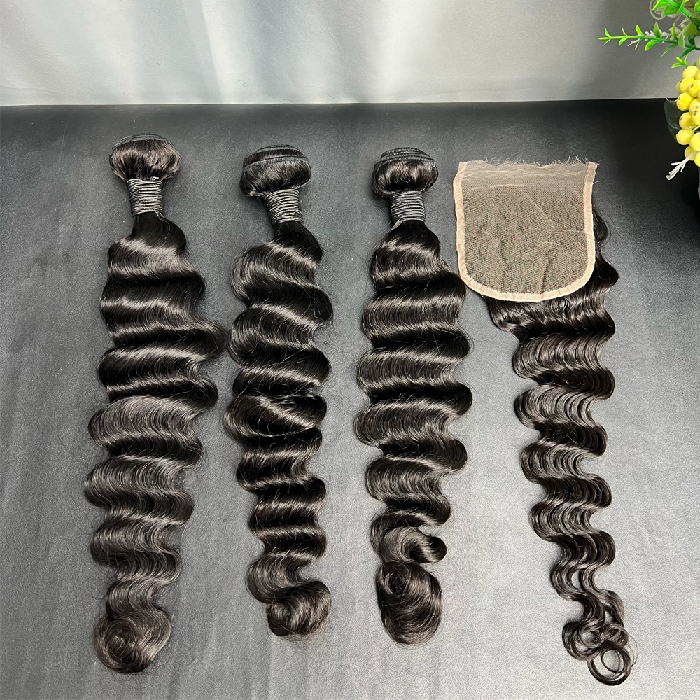 3 Pieces Virgin Hair Bundles With 4x4 Lace Closure Loose Deep Wave