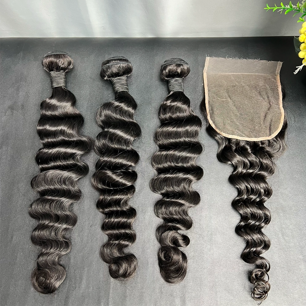 3 Pieces Virgin Hair Bundles With 5x5 Lace Closure Loose Deep Wave