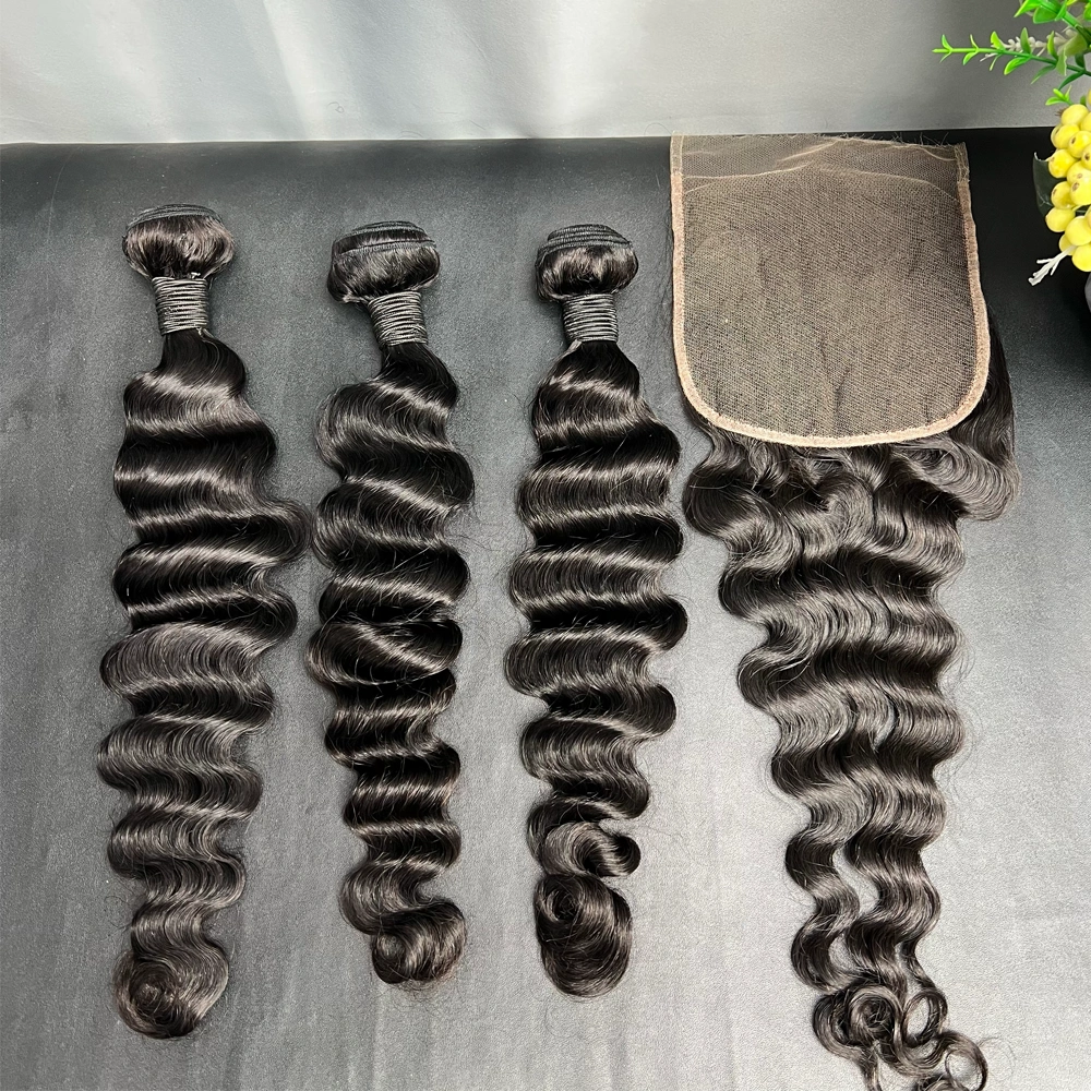 3 Pieces Virgin Hair Bundles With 6x6 Lace Closure Loose Deep Wave