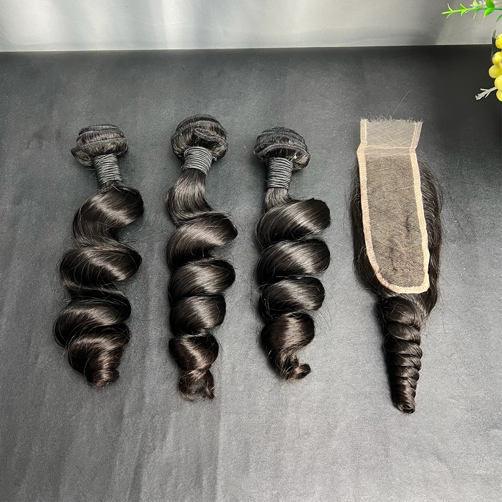 3 Pieces Virgin Hair Bundles With 2x6 Lace Closure Loose Wave