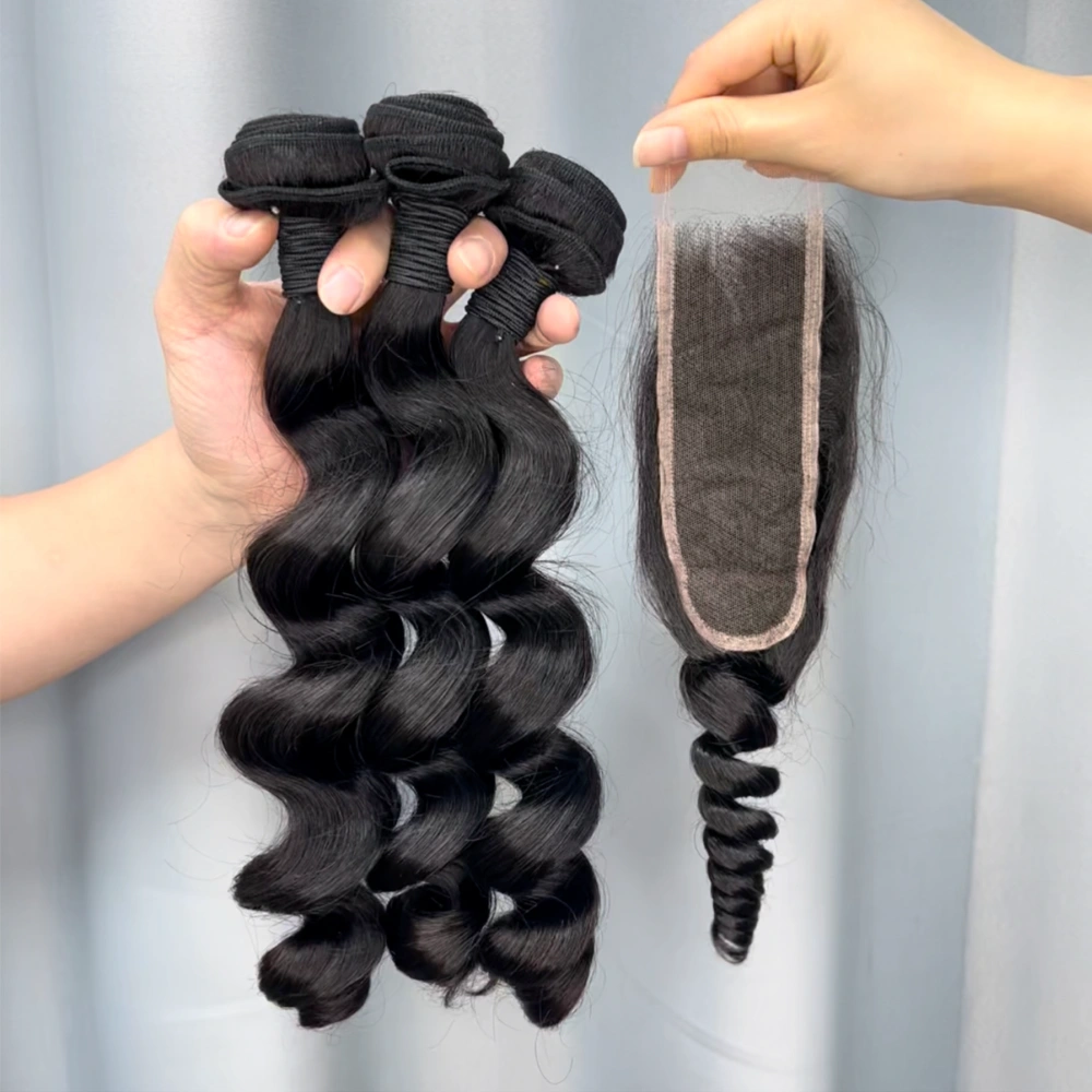 3 Pieces Virgin Hair Bundles With 2x6 Lace Closure Loose Wave