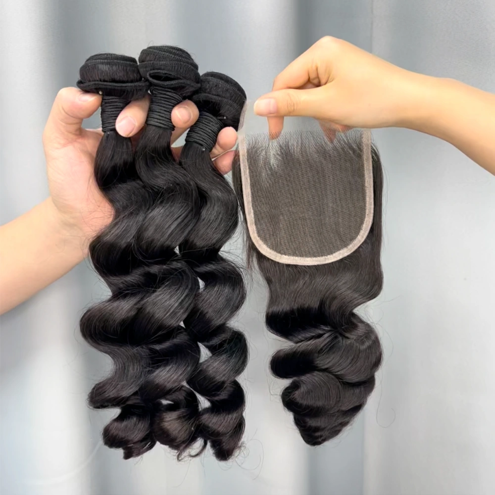 3 Pieces Virgin Hair Bundles With 4x4 Lace Closure Loose Wave