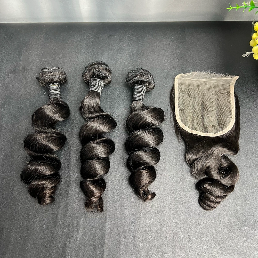 3 Pieces Virgin Hair Bundles With 4x4 Lace Closure Loose Wave