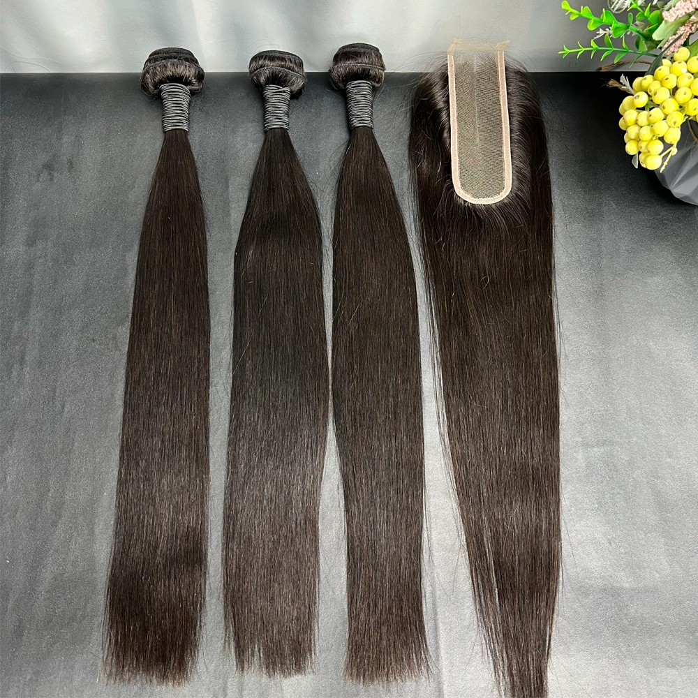 3 Pieces Virgin Hair Bundles With 2x6 Lace Closure Straight