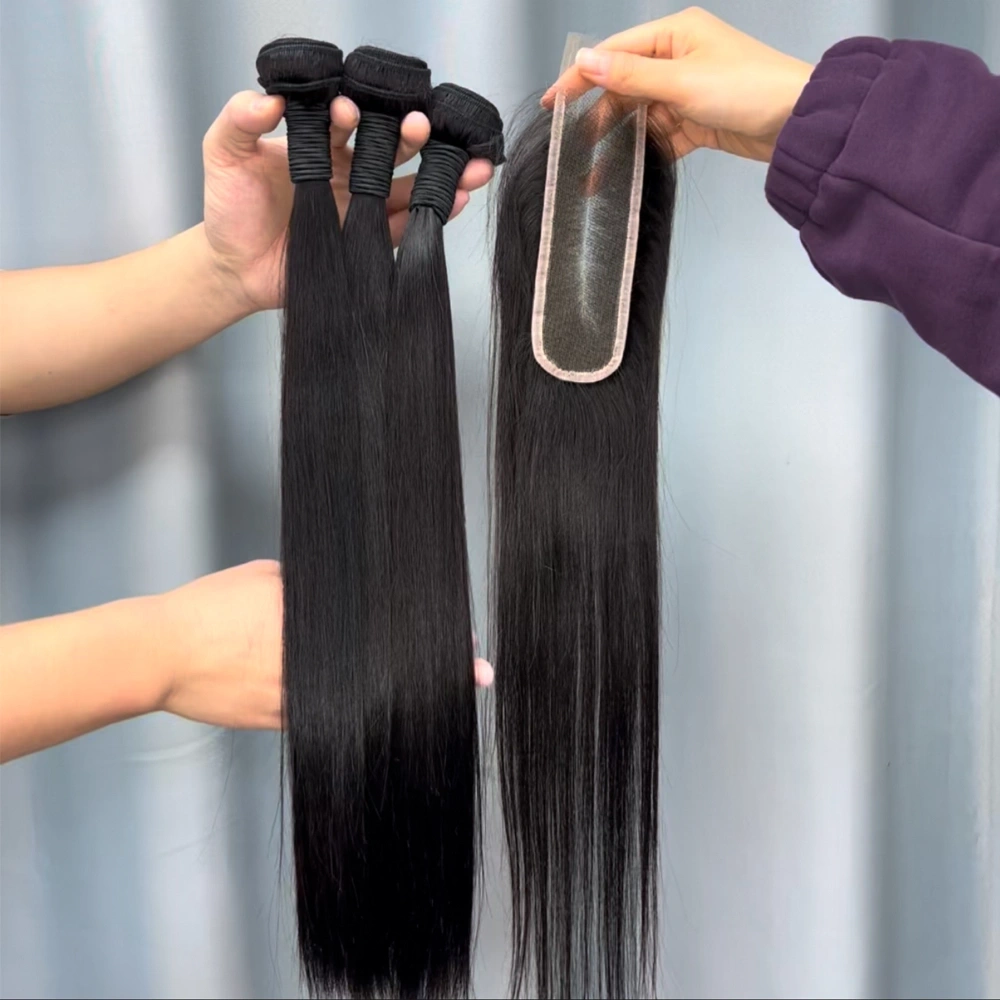 3 Pieces Virgin Hair Bundles With 2x6 Lace Closure Straight