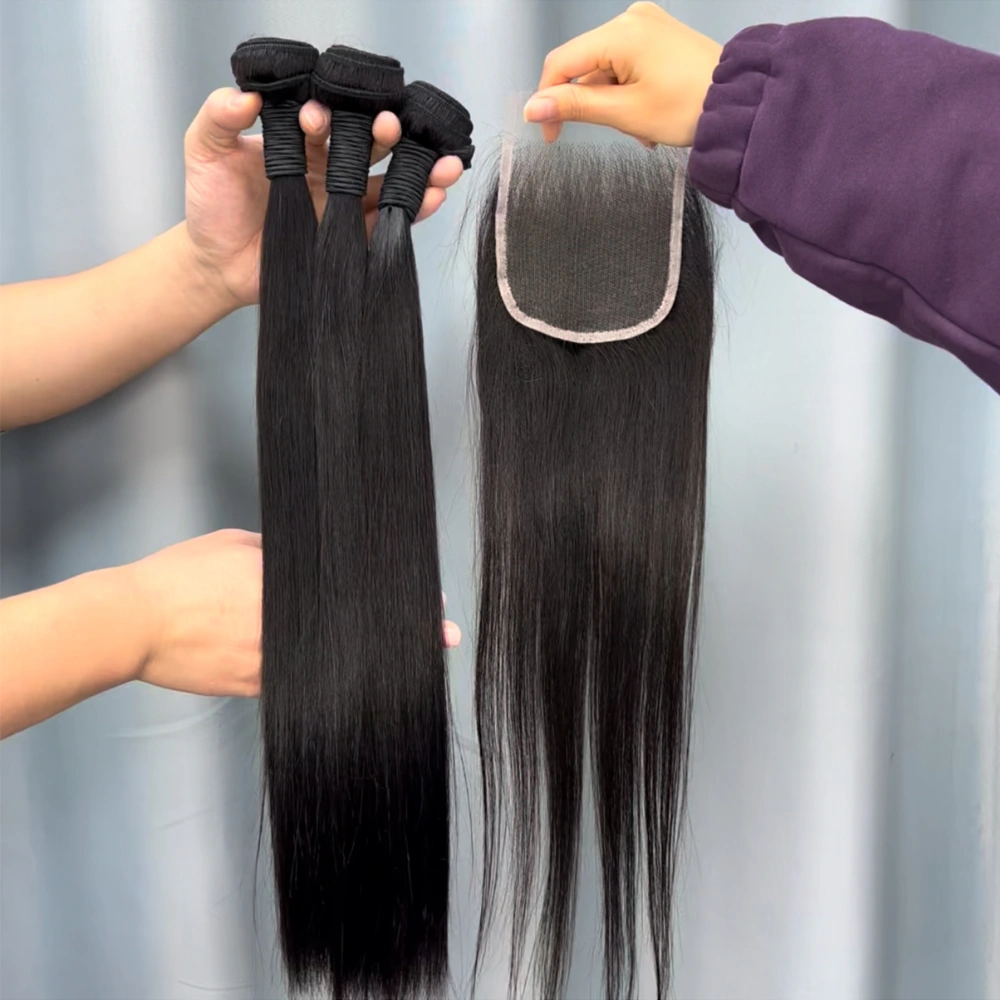 3 Pieces Virgin Hair Bundles With 4x4 Lace Closure Straight
