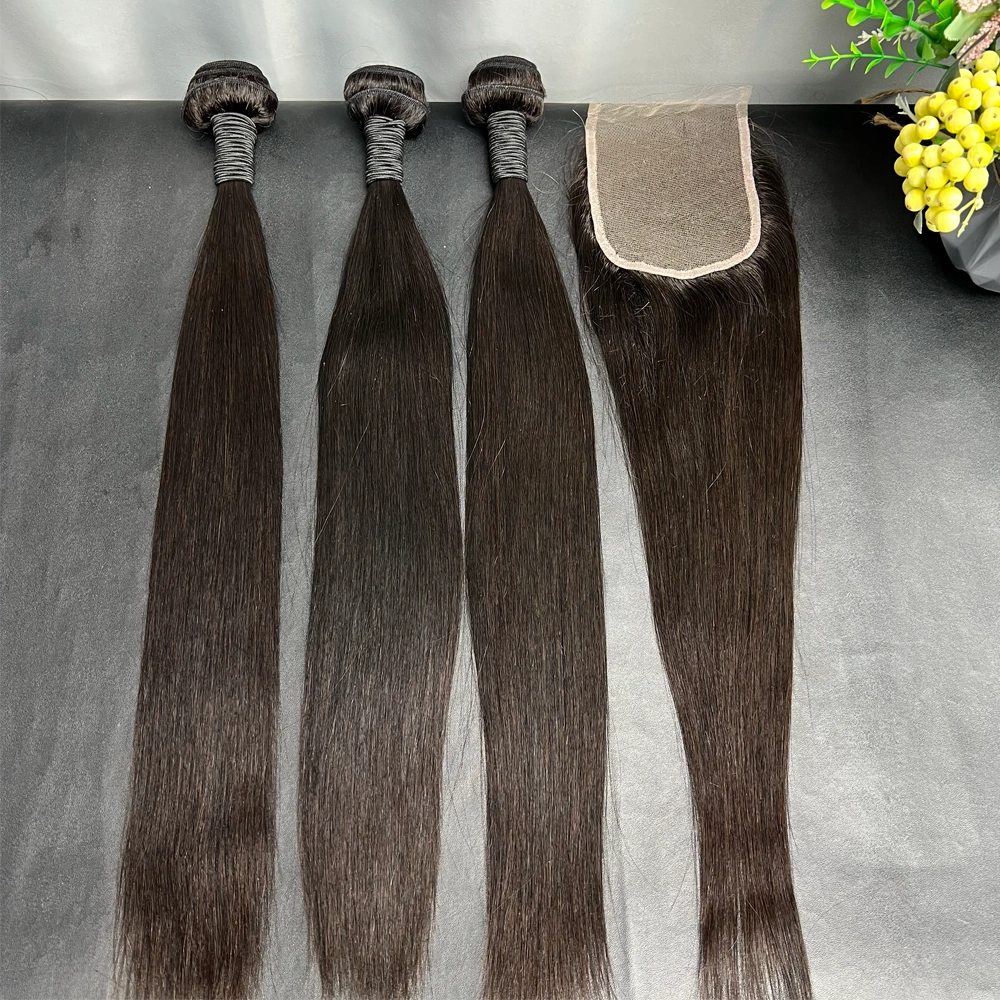 3 Pieces Virgin Hair Bundles With 4x4 Lace Closure Straight