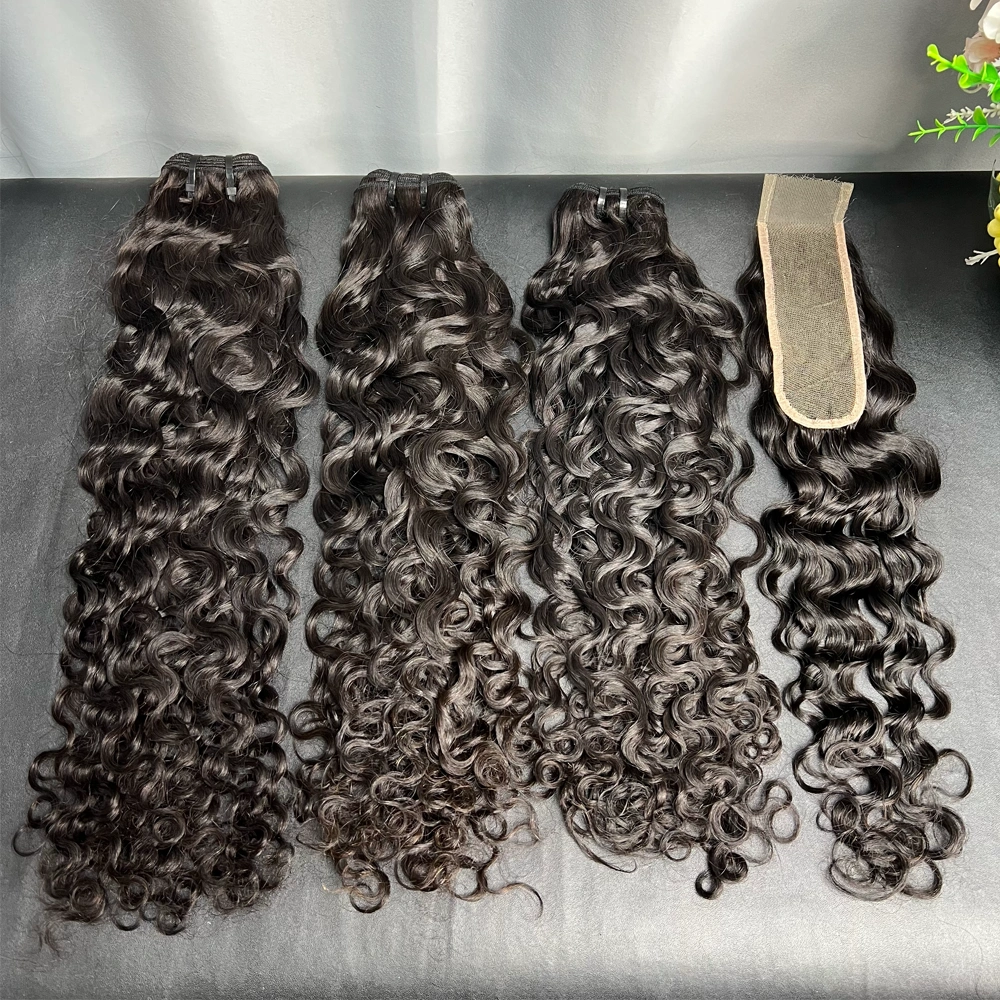 3 Pieces Virgin Hair Bundles With 2x6 Lace Closure Water Wave