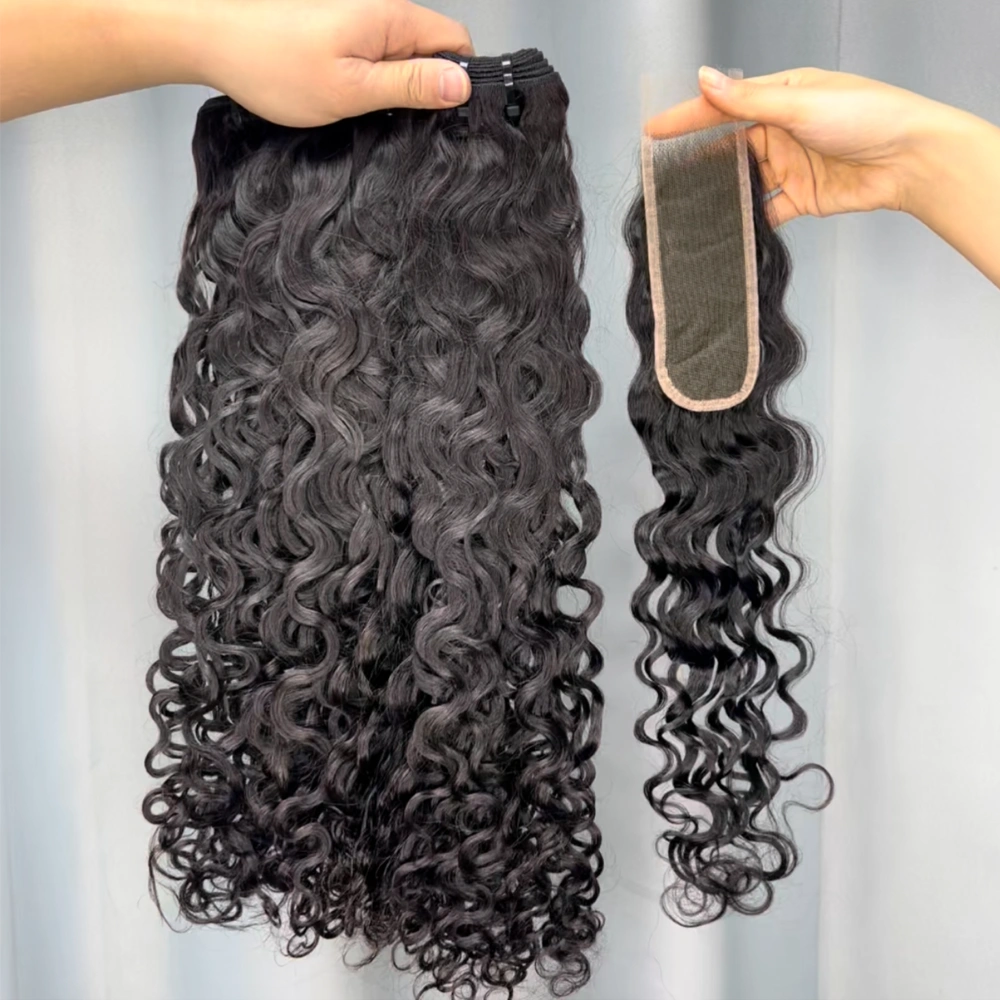 3 Pieces Virgin Hair Bundles With 2x6 Lace Closure Water Wave