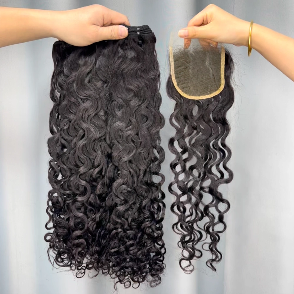 3 Pieces Virgin Hair Bundles With 4x4 Lace Closure Water Wave