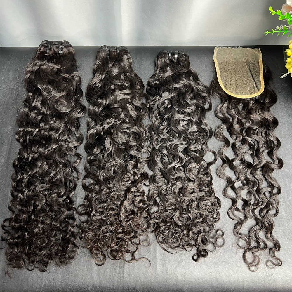 3 Pieces Virgin Hair Bundles With 4x4 Lace Closure Water Wave