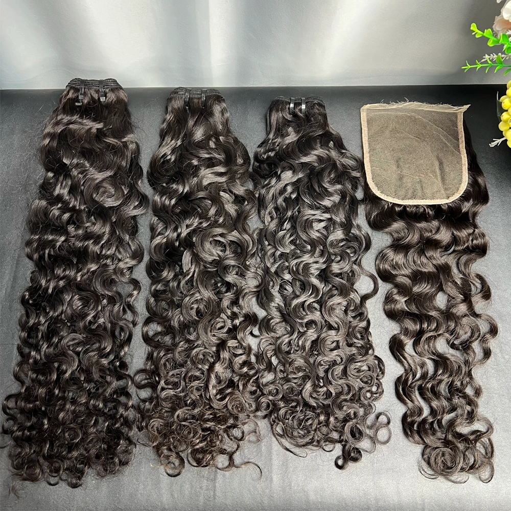 3 Pieces Virgin Hair Bundles With 5x5 Lace Closure Water Wave