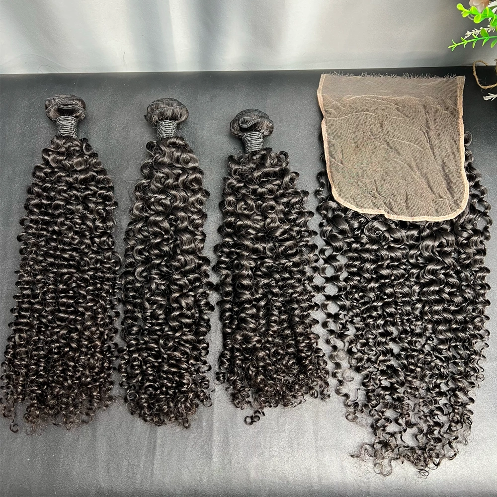 3 Pieces Virgin Hair Bundles With 7x7 Lace Closure Deep Curly