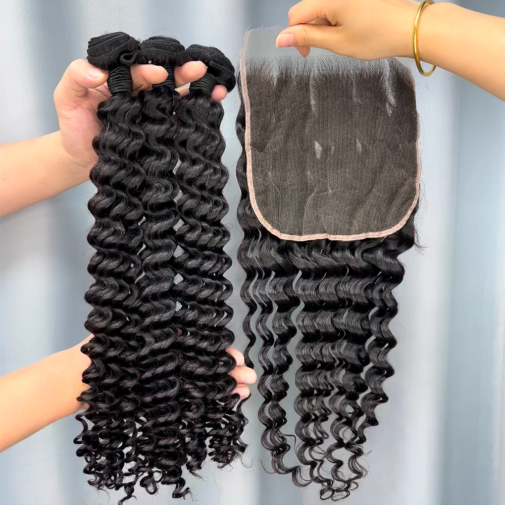3 Pieces Virgin Hair Bundles With 7x7 Lace Closure Deep Wave