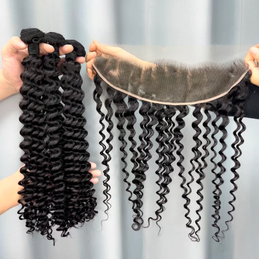 3 Pieces Virgin Hair Bundles With 13x4 Lace Frontal Deep Wave