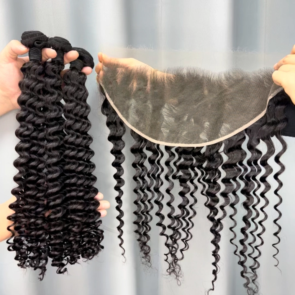 3 Pieces Virgin Hair Bundles With 13x6 Lace Frontal Deep Wave