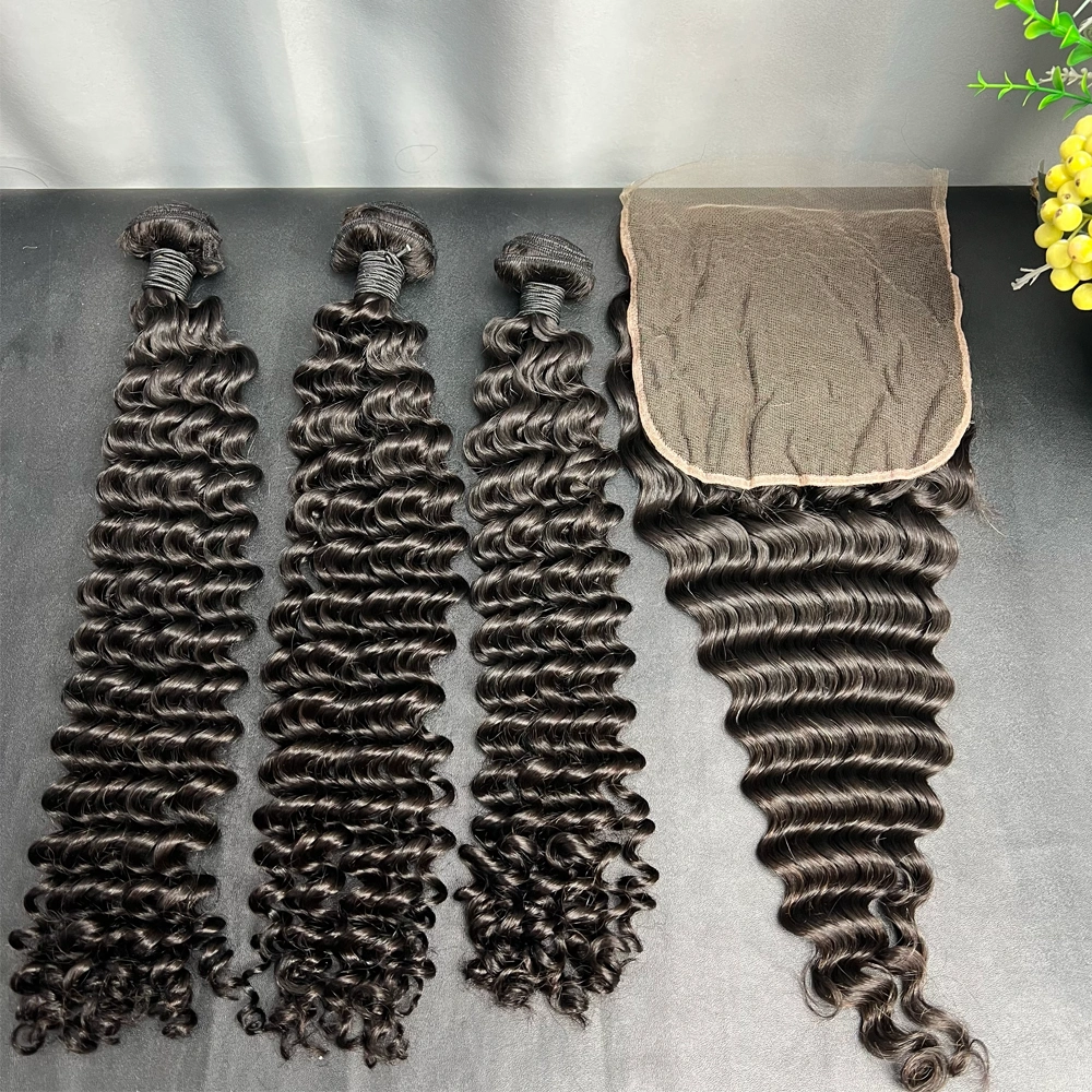 3 Pieces Virgin Hair Bundles With 7x7 Lace Closure Deep Wave
