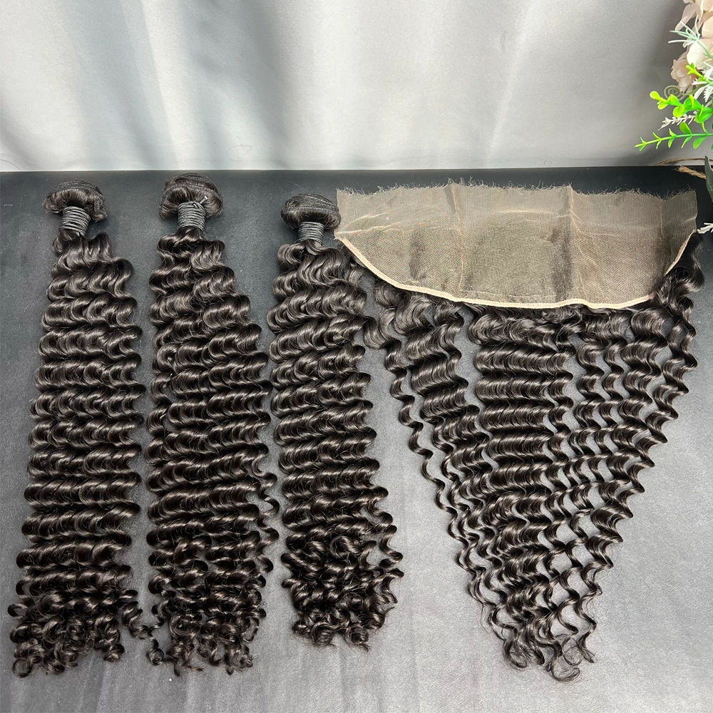 3 Pieces Virgin Hair Bundles With 13x4 Lace Frontal Deep Wave