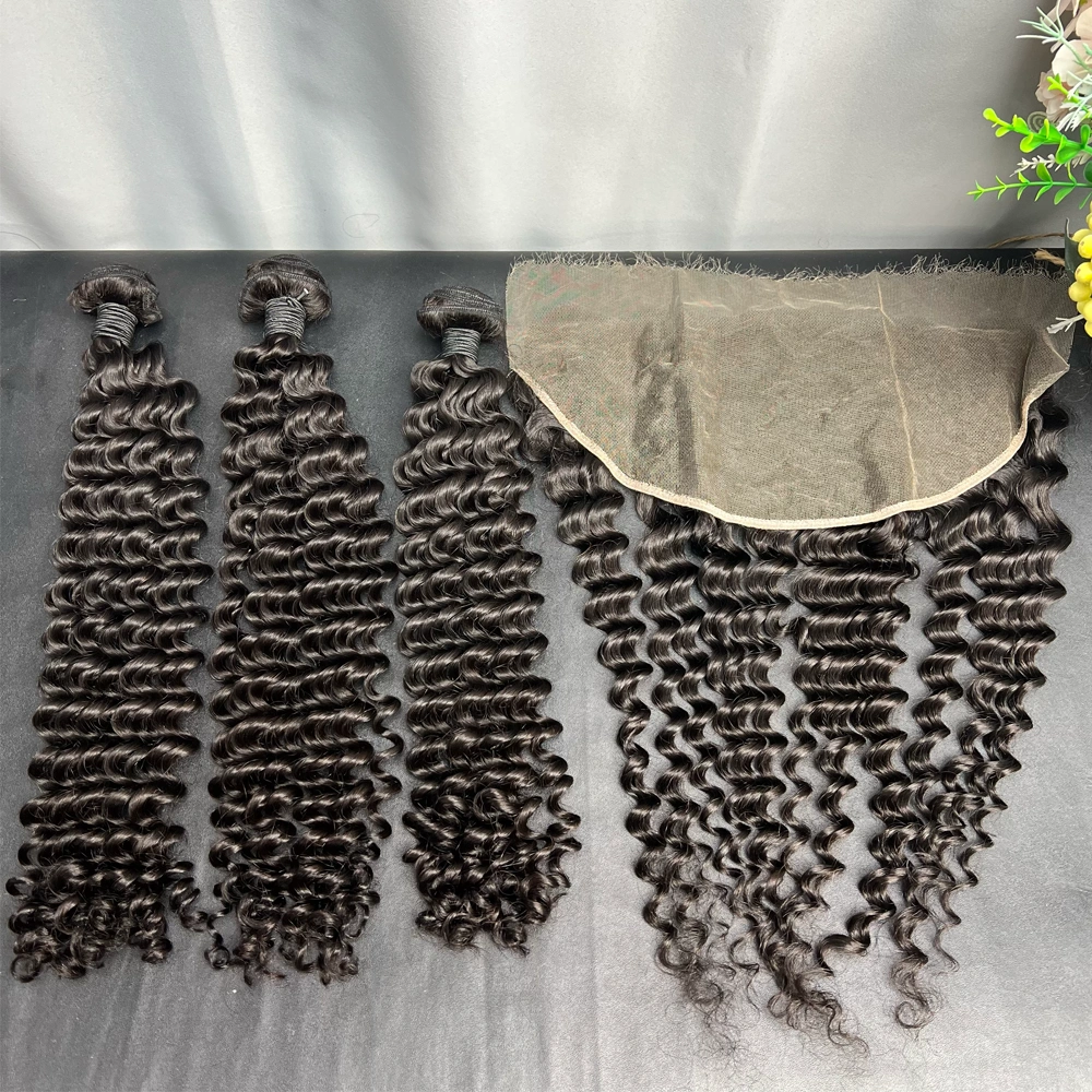 3 Pieces Virgin Hair Bundles With 13x6 Lace Frontal Deep Wave