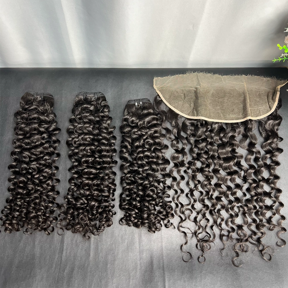 3 Pieces Virgin Hair Bundles With 13x4 Lace Frontal Italian Curly