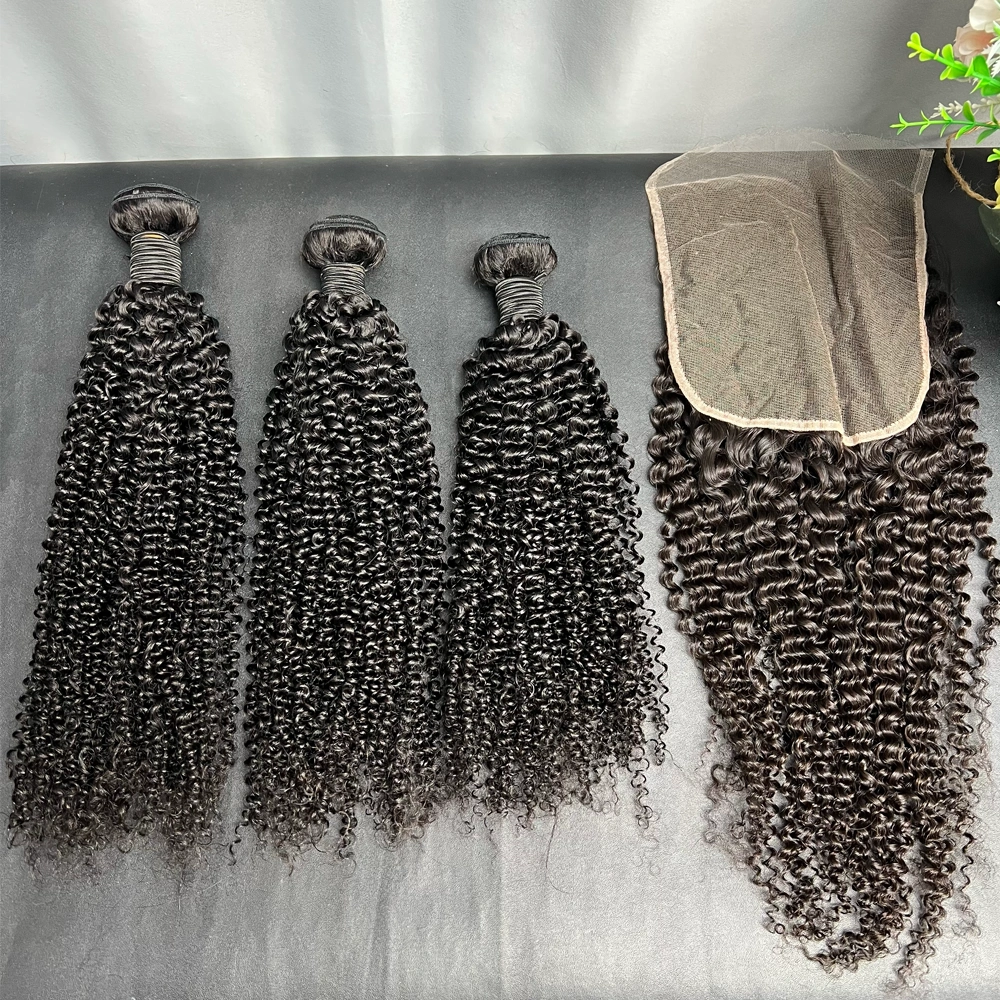 3 Pieces Virgin Hair Bundles With 7x7 Lace Closure Kinky Curly