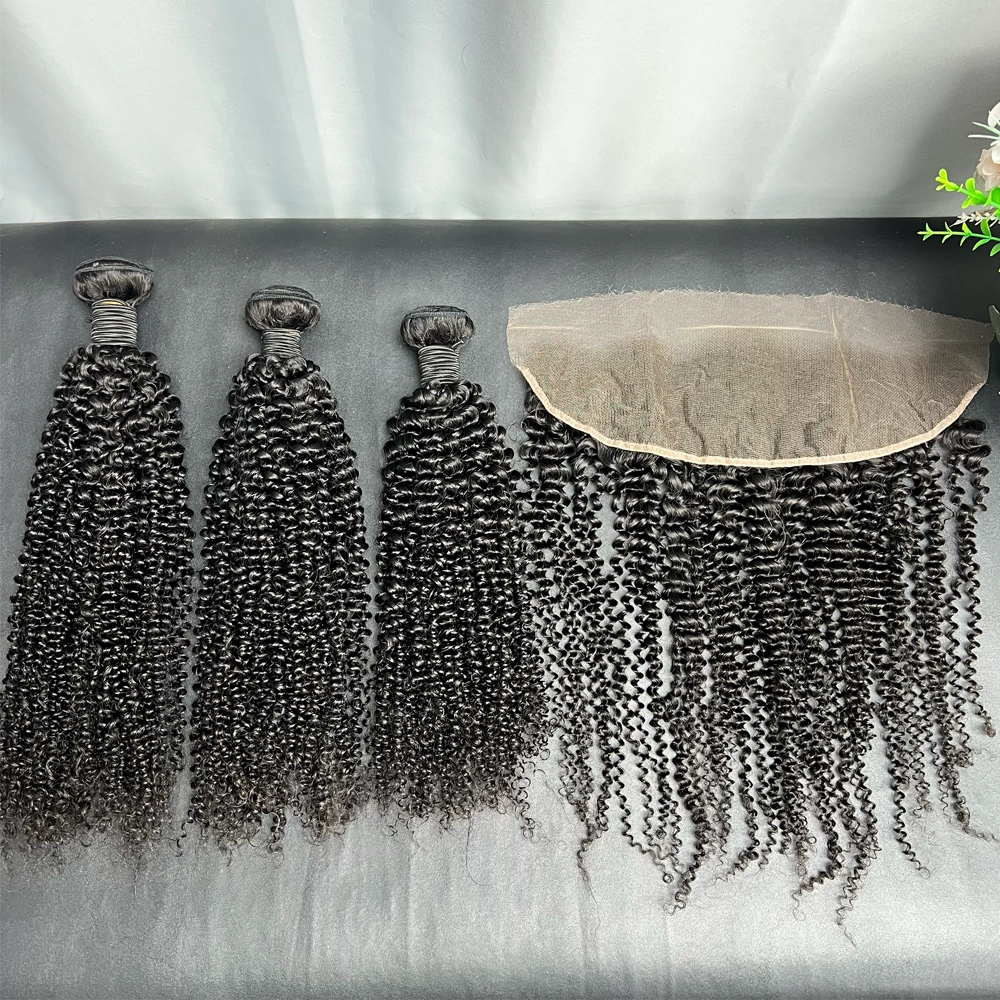 3 Pieces Virgin Hair Bundles With 13x4 Lace Frontal Kinky Curly