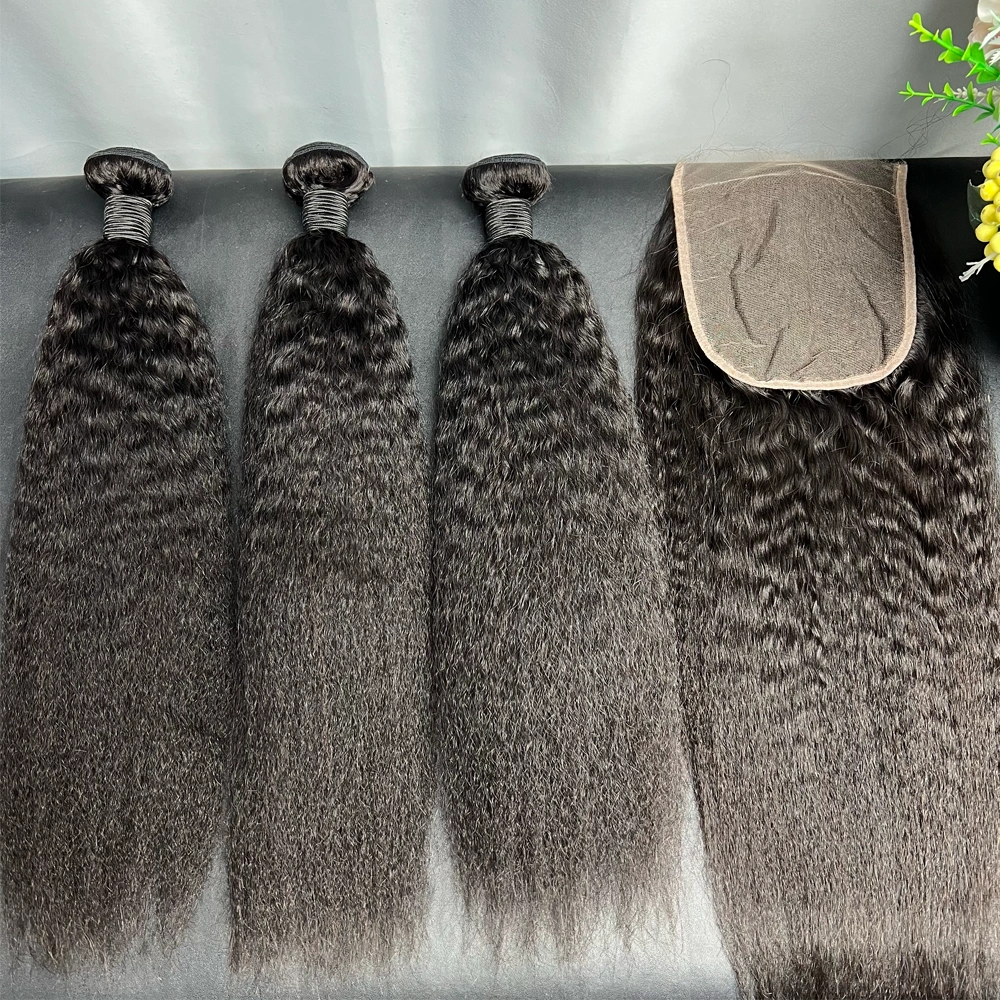 3 Pieces Virgin Hair Bundles With 6x6 Lace Closure Kinky Straight