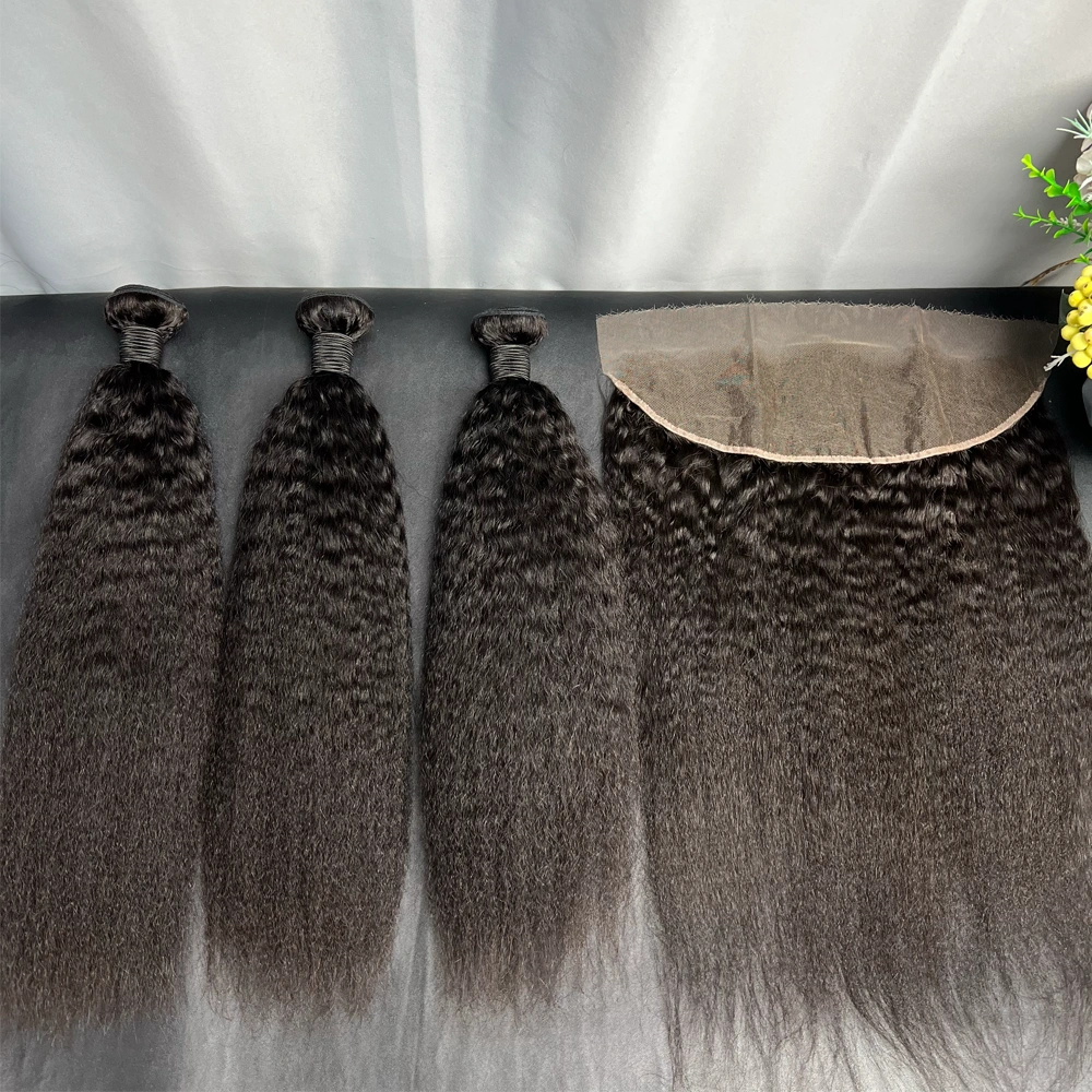 3 Pieces Virgin Hair Bundles With 13x4 Lace Frontal Kinky Straight
