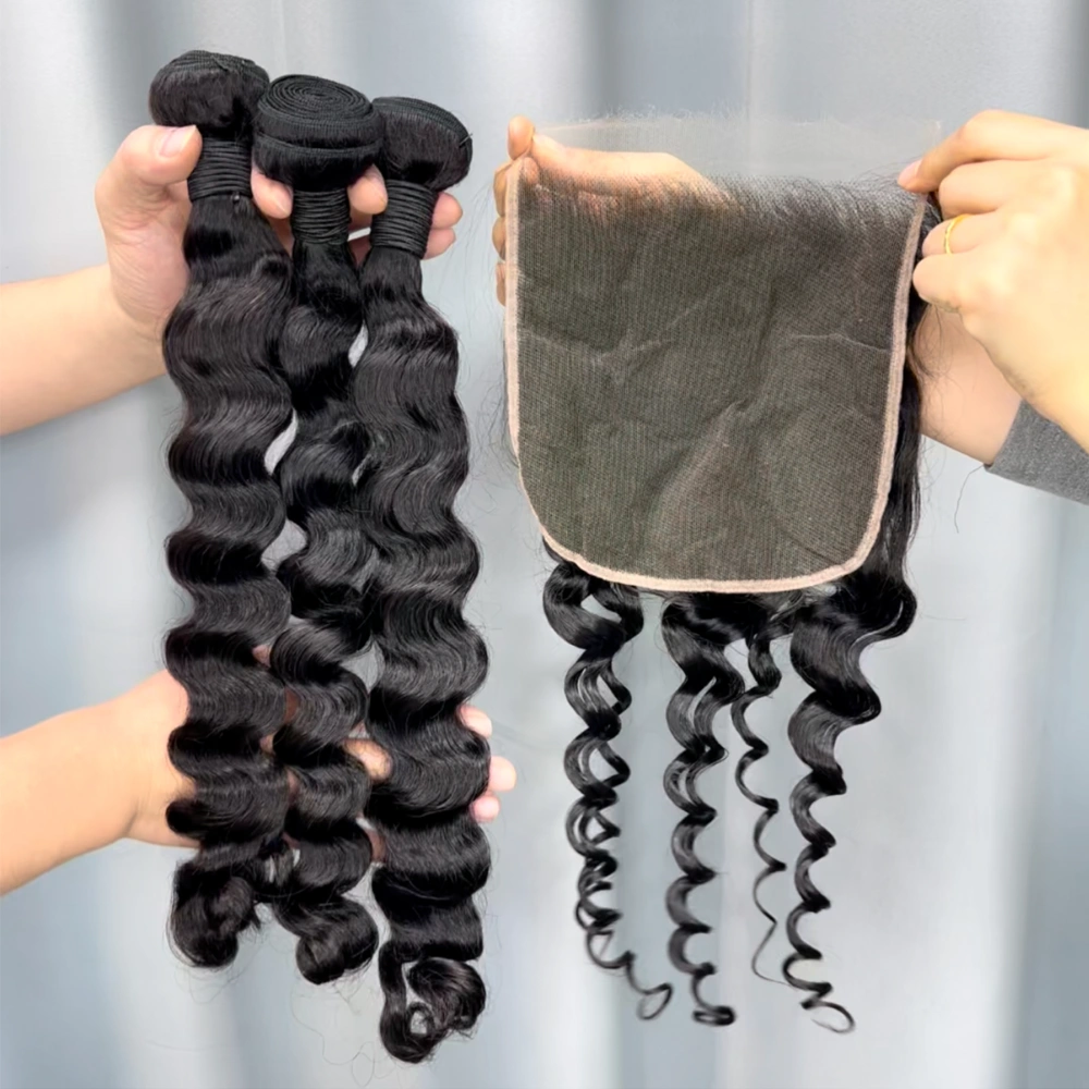 3 Pieces Virgin Hair Bundles With 7x7 Lace Closure Loose Deep Wave