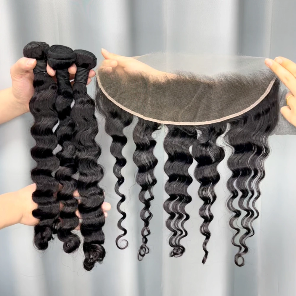 3 Pieces Virgin Hair Bundles With 13x4 Lace Frontal Loose Deep Wave