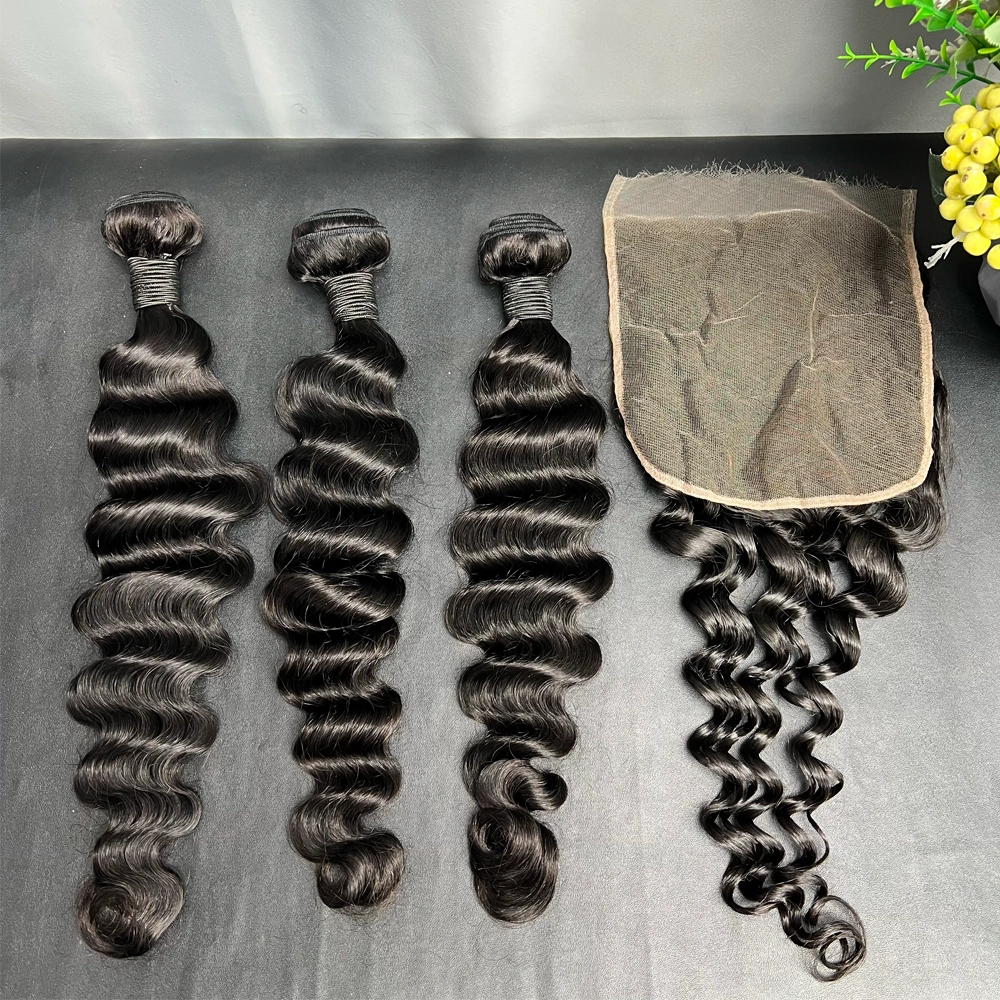 3 Pieces Virgin Hair Bundles With 7x7 Lace Closure Loose Deep Wave