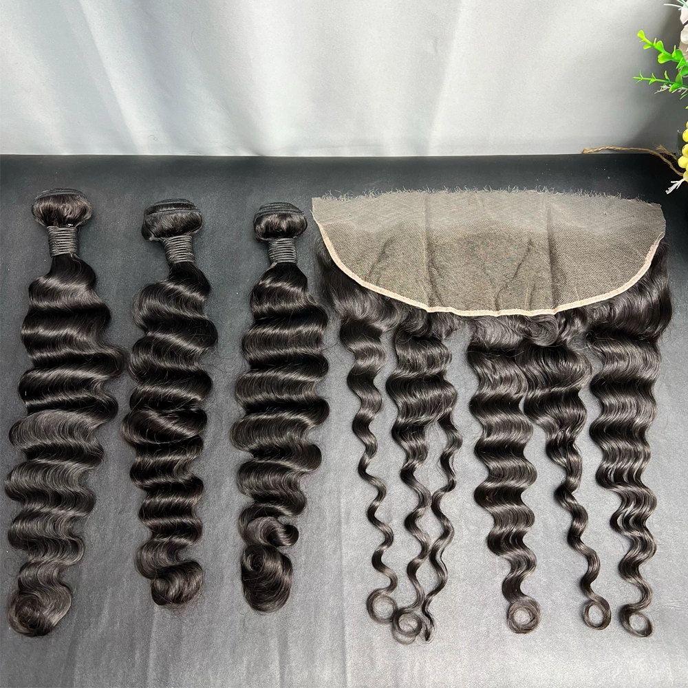 3 Pieces Virgin Hair Bundles With 13x4 Lace Frontal Loose Deep Wave