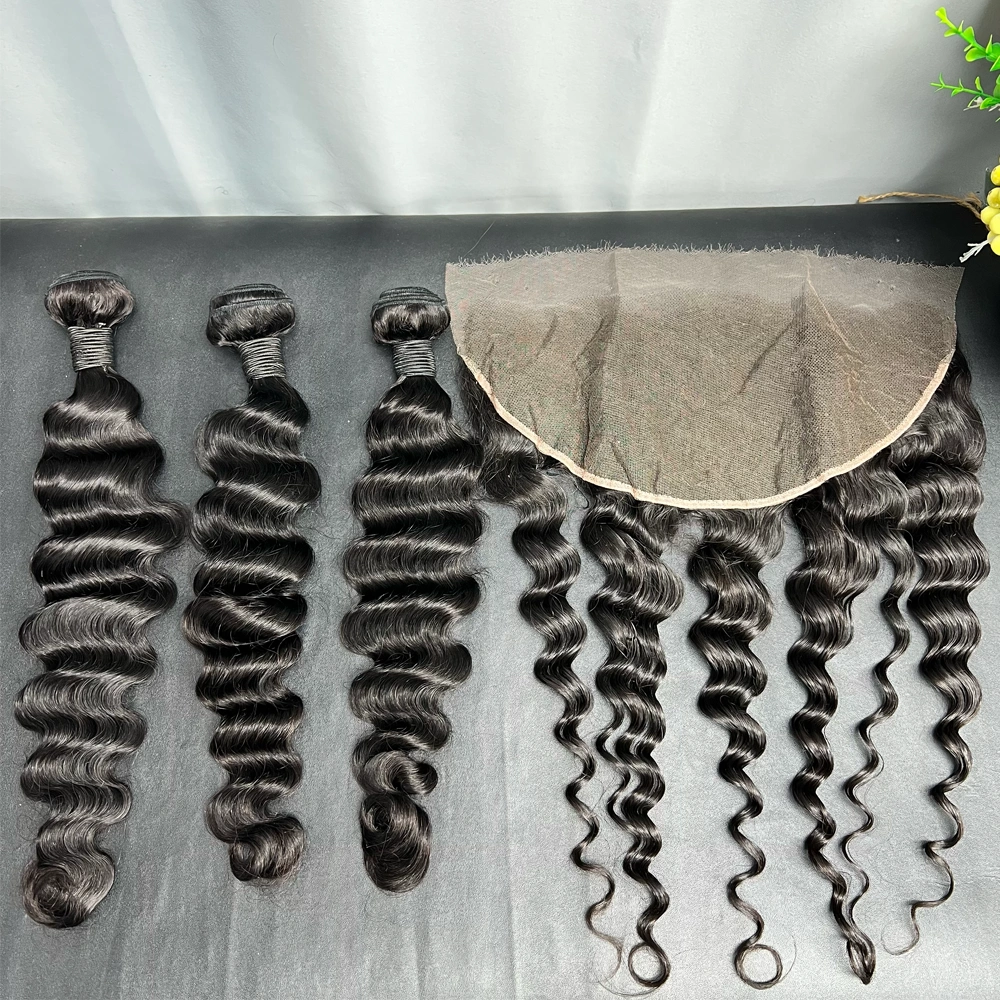 3 Pieces Virgin Hair Bundles With 13x6 Lace Frontal Loose Deep Wave