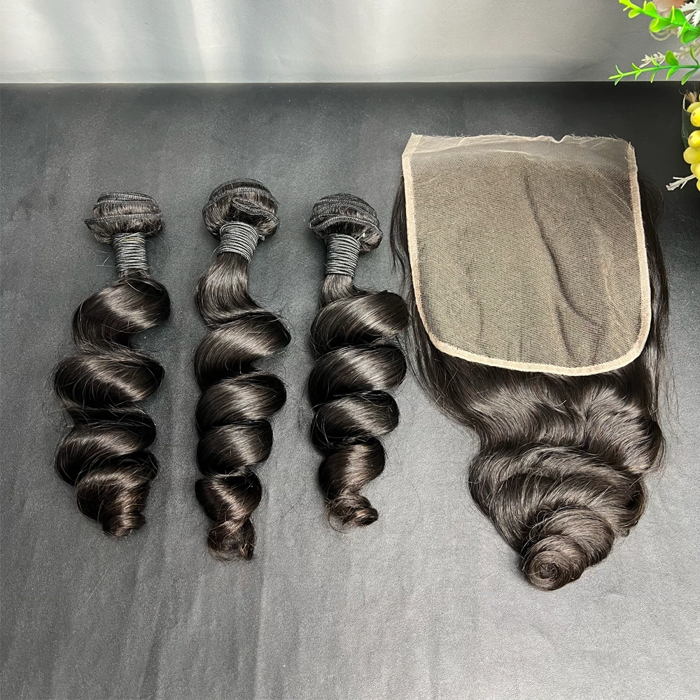 3 Pieces Virgin Hair Bundles With 7x7 Lace Closure Loose Wave
