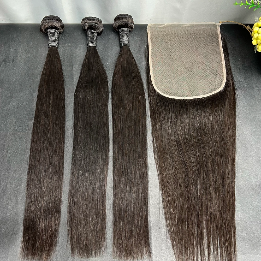 3 Pieces Virgin Hair Bundles With 7x7 Lace Closure Straight