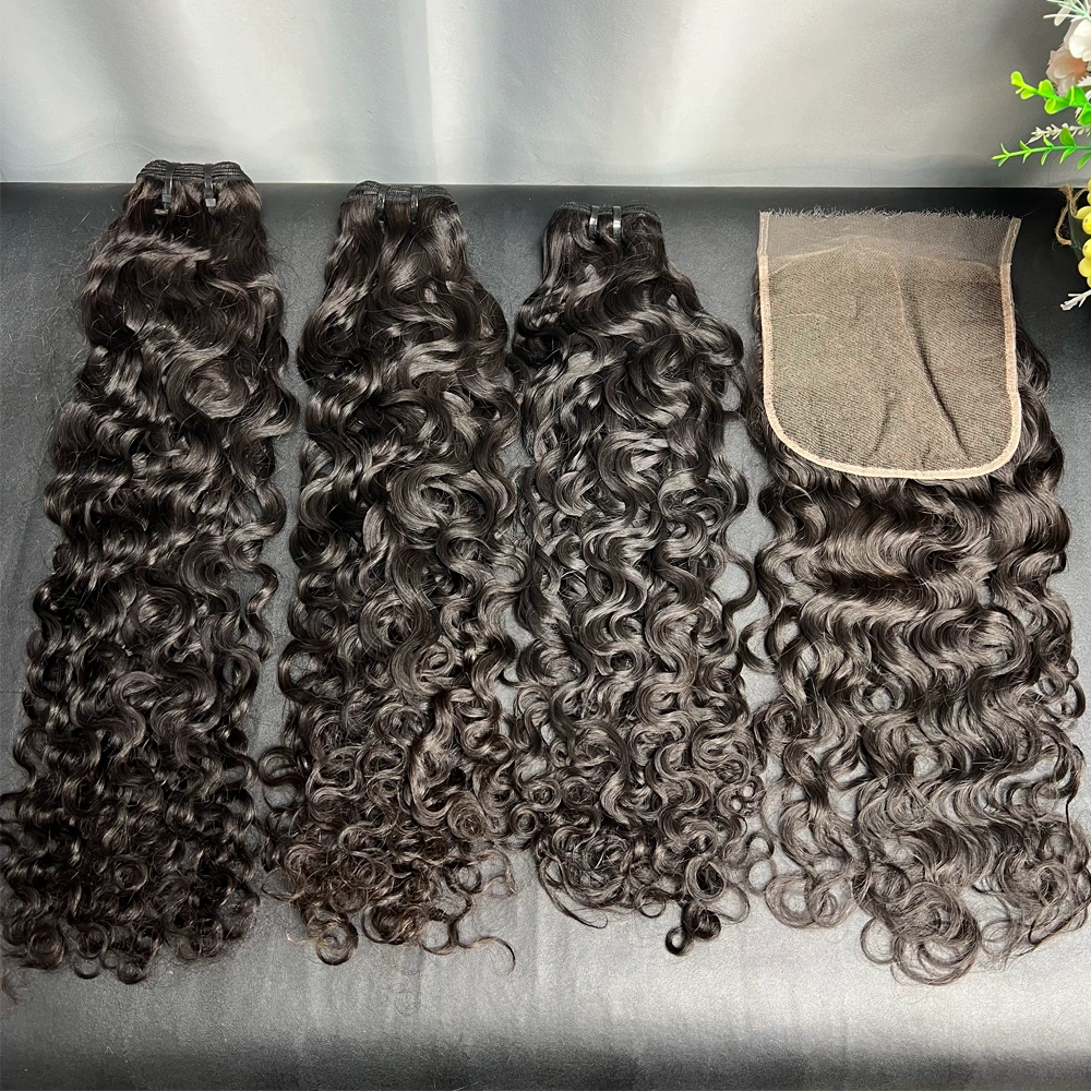 3 Pieces Virgin Hair Bundles With 6x6 Lace Closure Water Wave